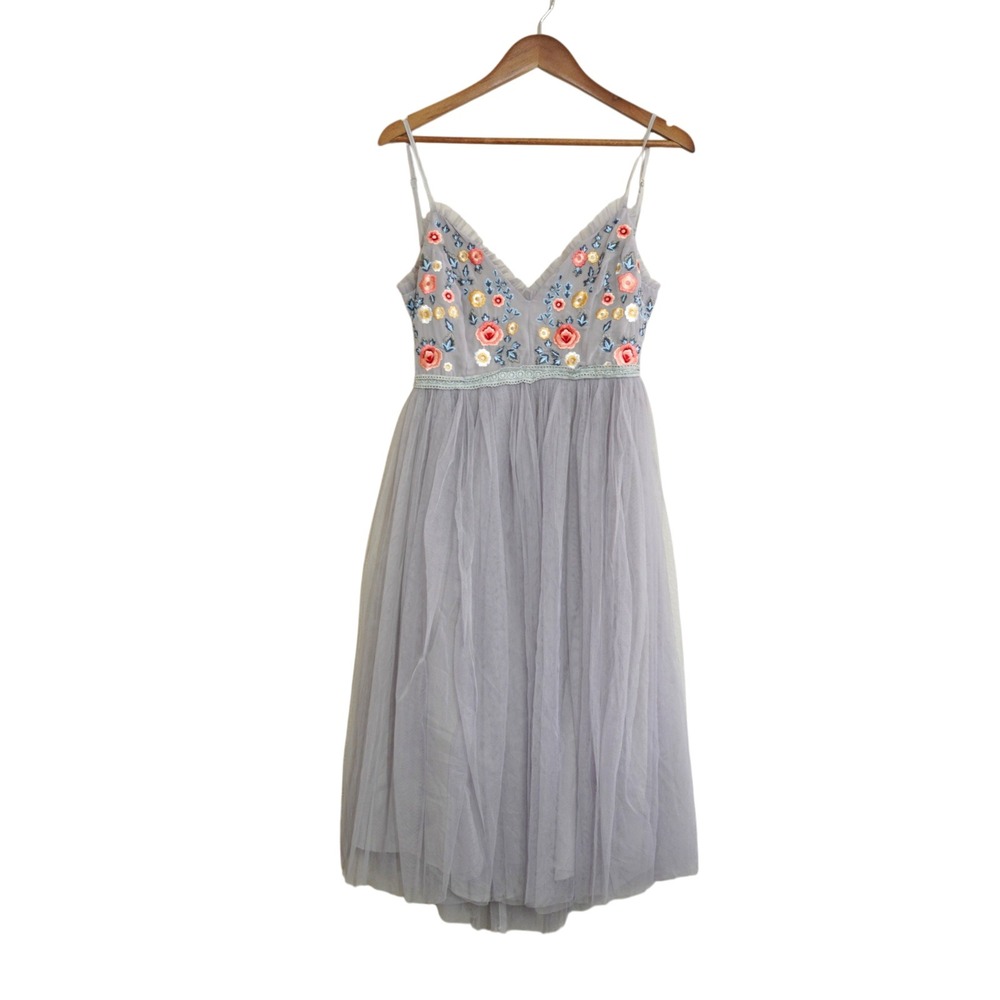 Style Rack Floral Embroidered Tulle Midi Dress Gray Open Back Whimsical Fairy